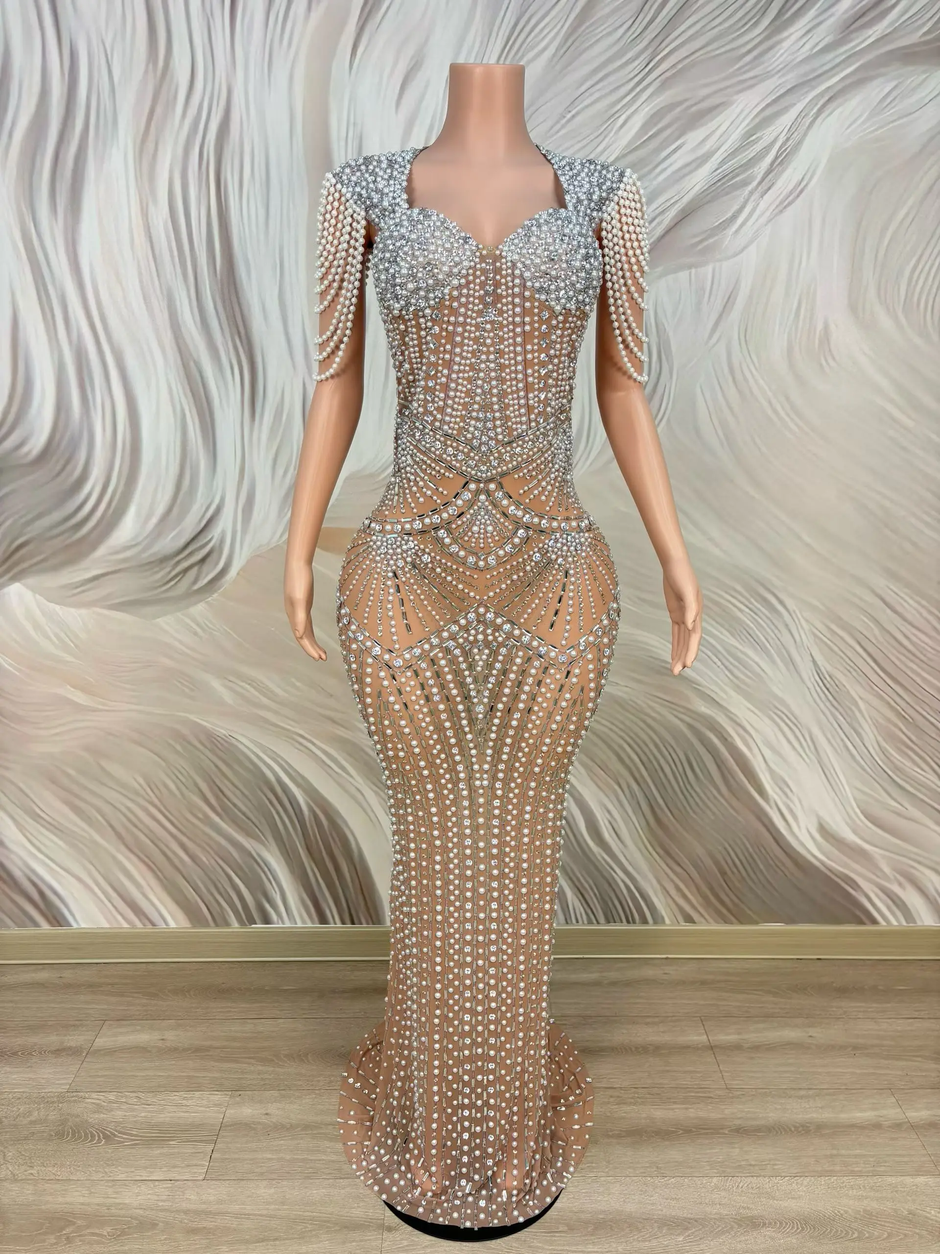 Shengmu Elegant Nude Pearl Rhinestone Sheer Mesh Sweetheart Neck Tassel Sleeve Mermaid Maxi Dress Cocktail Party Gown