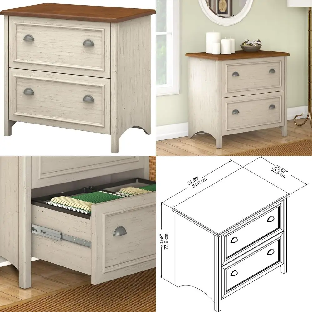 

Шкаф Bush Furniture Airview 2 Der Lateral с боковой панелью, цвет античный белый/яблочный клен, для хранения документов форматов Letter, Legal и A4, а также для домашнего офиса.