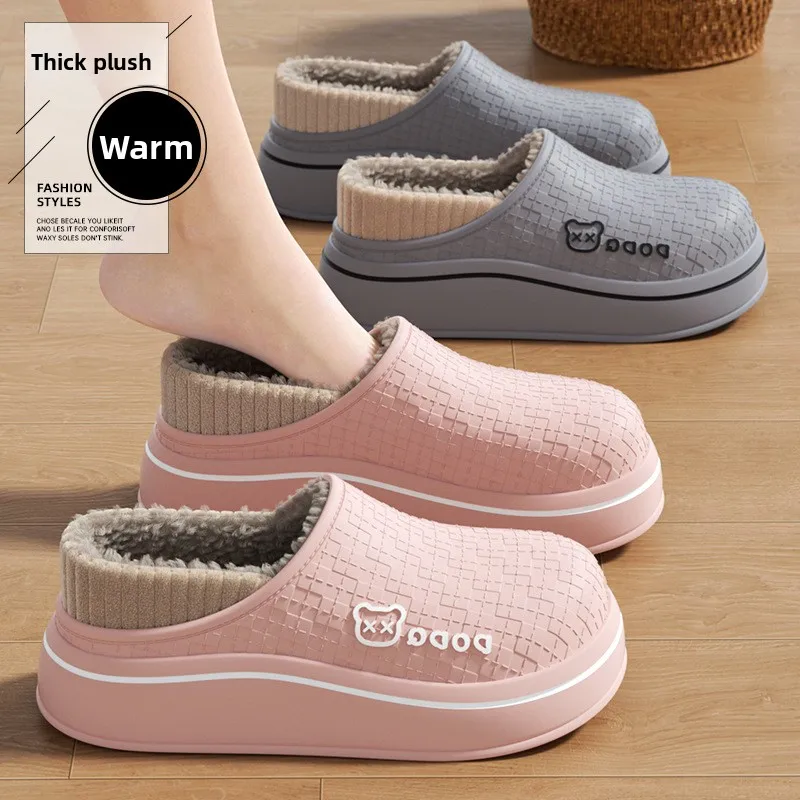 Winter Waterproof EVA Closed Back Slippers Women Men Thick Fleece Lining Warm Non Slip Indoor Outdoor Couple Platform Home Shoes