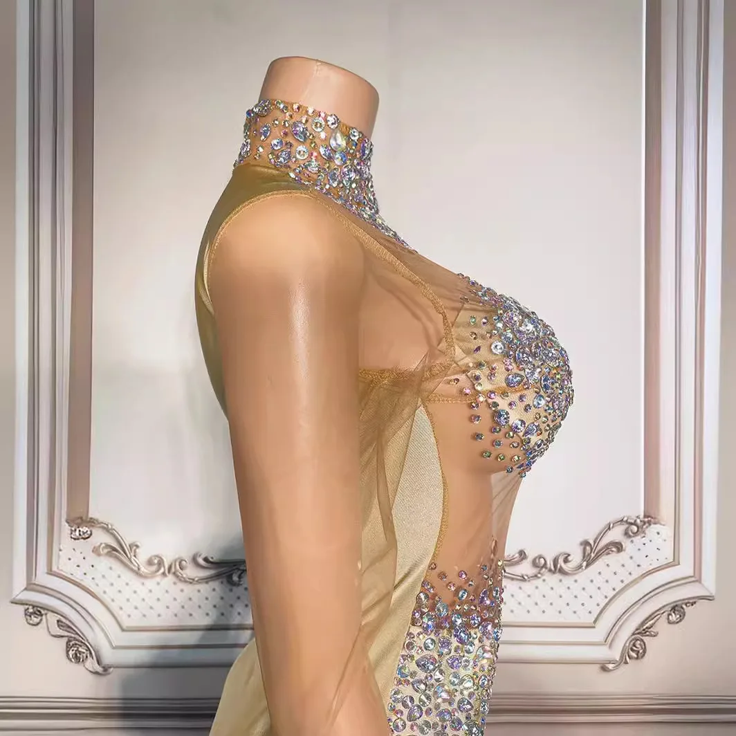 메쉬 힙 스커트 반짝이는 라인스톤 스티칭 기질 파티 여성 타이트 스커트 드레스 Vestidos Largos Elegantes Fiesta Mujer