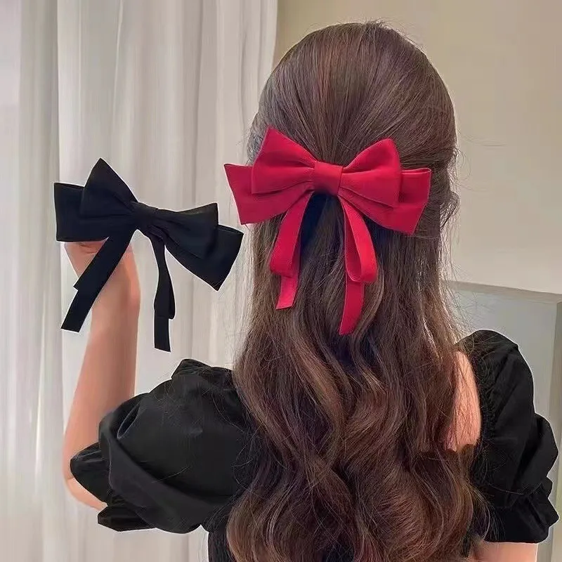 Elegant Bow Ribbon Hair Clip Solid Color Bowknot Satin Hairpin for Women Headdress Girls Ponytail Clip Hair Accessories