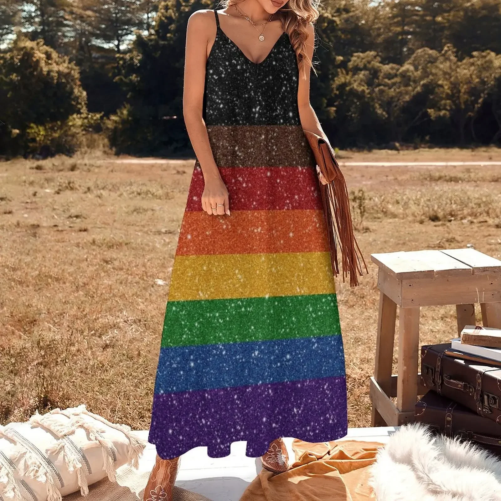 Faux Glitter Inclusive Rainbow Pride Flag Background Sleeveless Dress women's fashion dresses women evening dress Dress