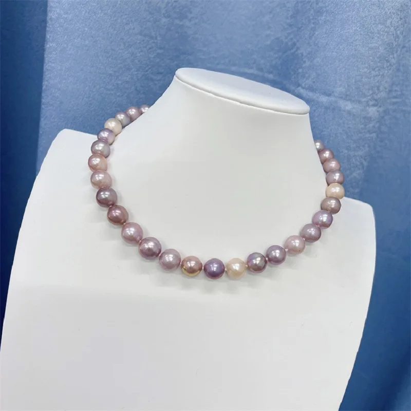 huge gorgeous AAA+9-11mm New Baroque Pearl Necklace with Fairy Purple Mixed Color Round Beads Fashion Pearl 18inch