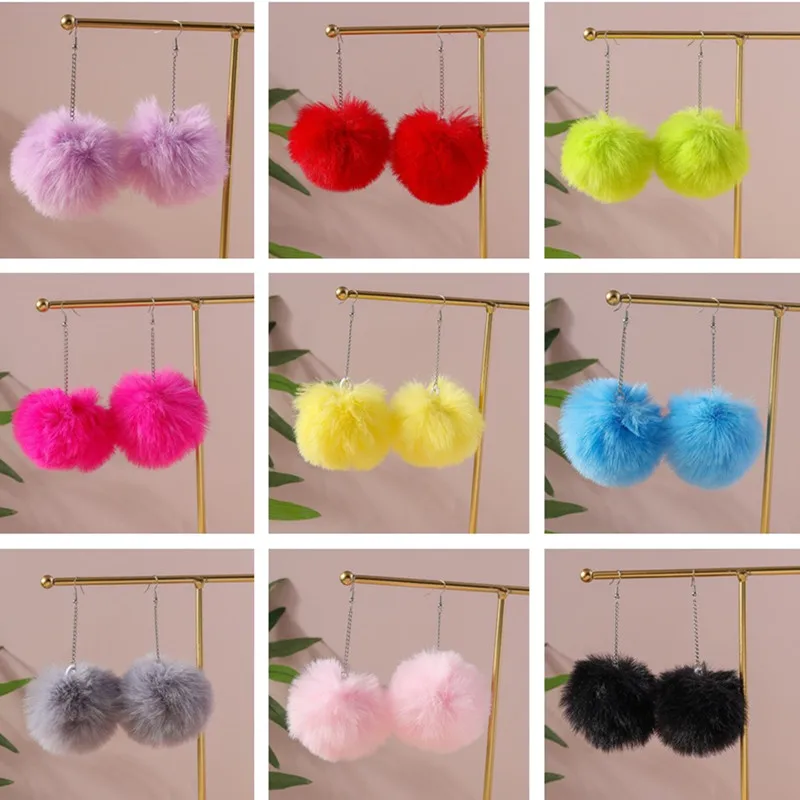 Fashion Colorful Plush Big Ball Drop Earrings for Women Girls Party Holiday Jewelry Decoration