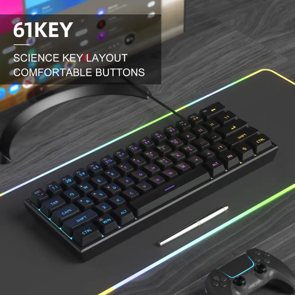 2026년 신제품 USB 게이밍 기계식 미니 키보드 레드 스위치 RGB 백라이트 61키 유선 게임/사무용