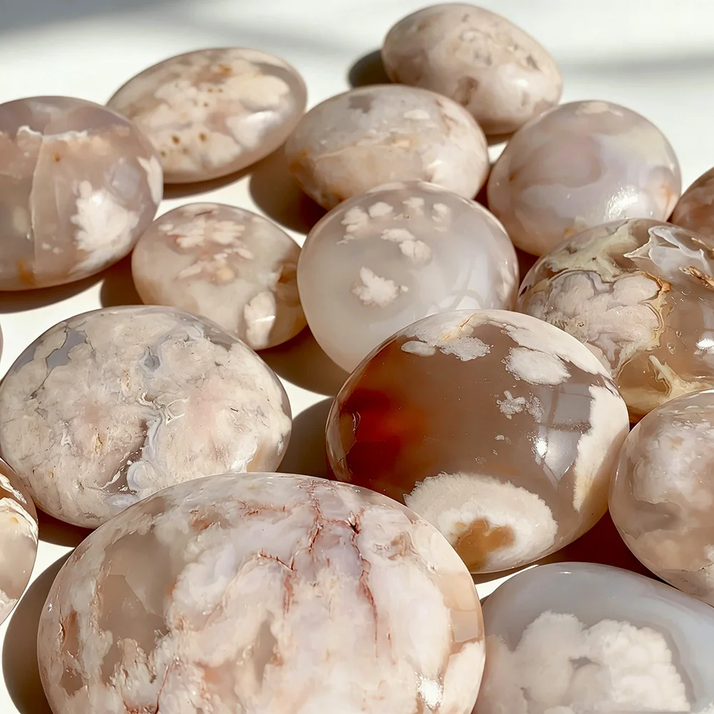 1PC Natural Cherry Blossom Agate Tumbled Palm Stone Polished Crystal Mineral Specimen  Home Decoration Energy Stone Gift