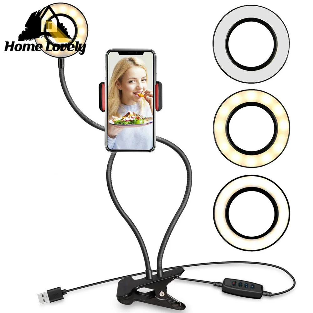 

LED Selfie Ring USB Recharging Light Clip with Cell Phone Holder Flexible Dimmable Make Up Lamp Desk Table Lamp Photo Studio