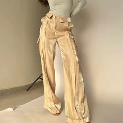 2024 Spring Bright Silk Wide Leg Pants for Women Elegant High Waist Zipper Trousers Autumn Solid Pocket Straight Pant Sweatpants