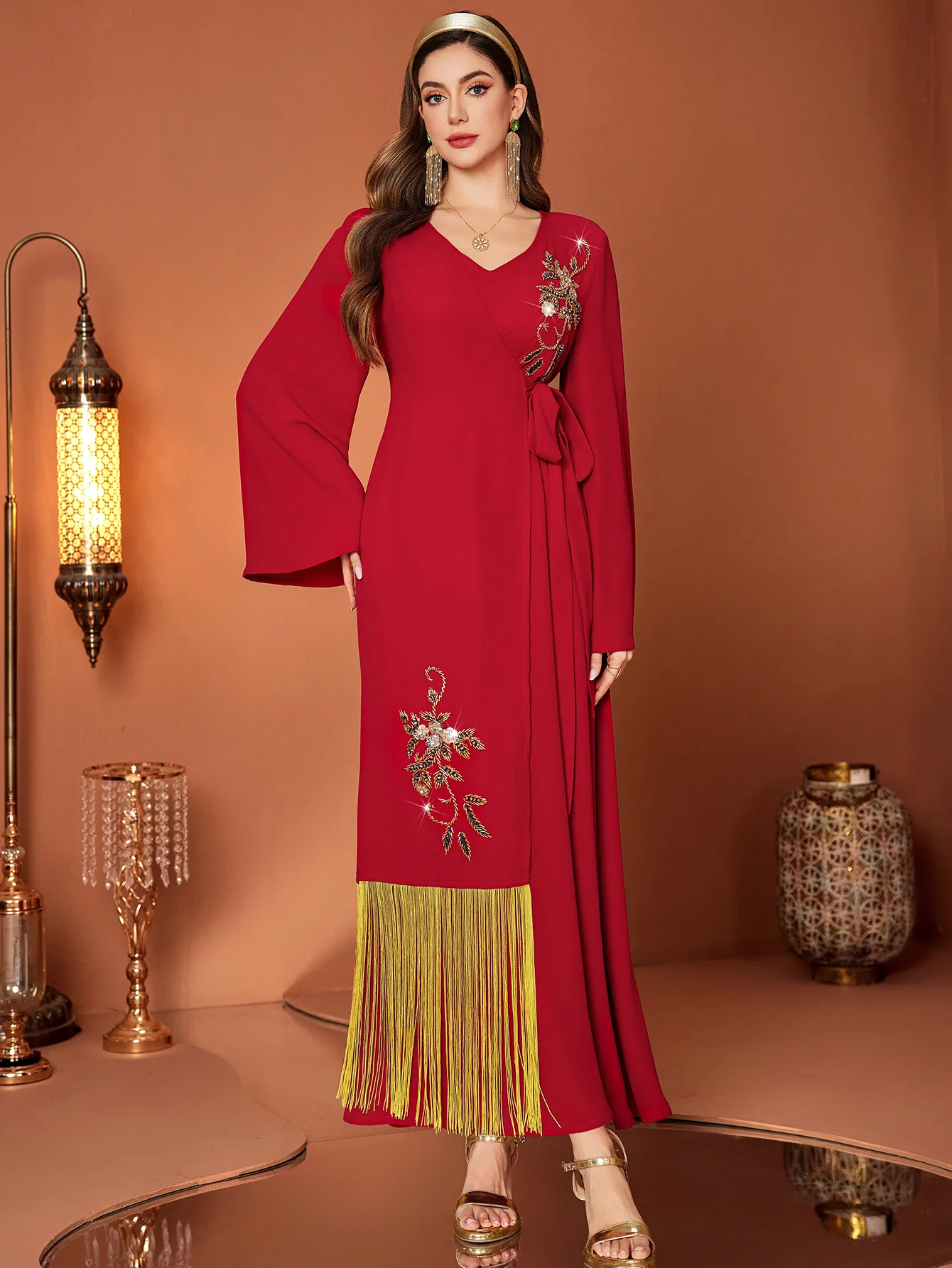 Eid Robe musulmane femmes Abaya col en V diamant robes longues gland robes Largos fête Caftan Jalabiya Ramadan Robe à lacets 2025