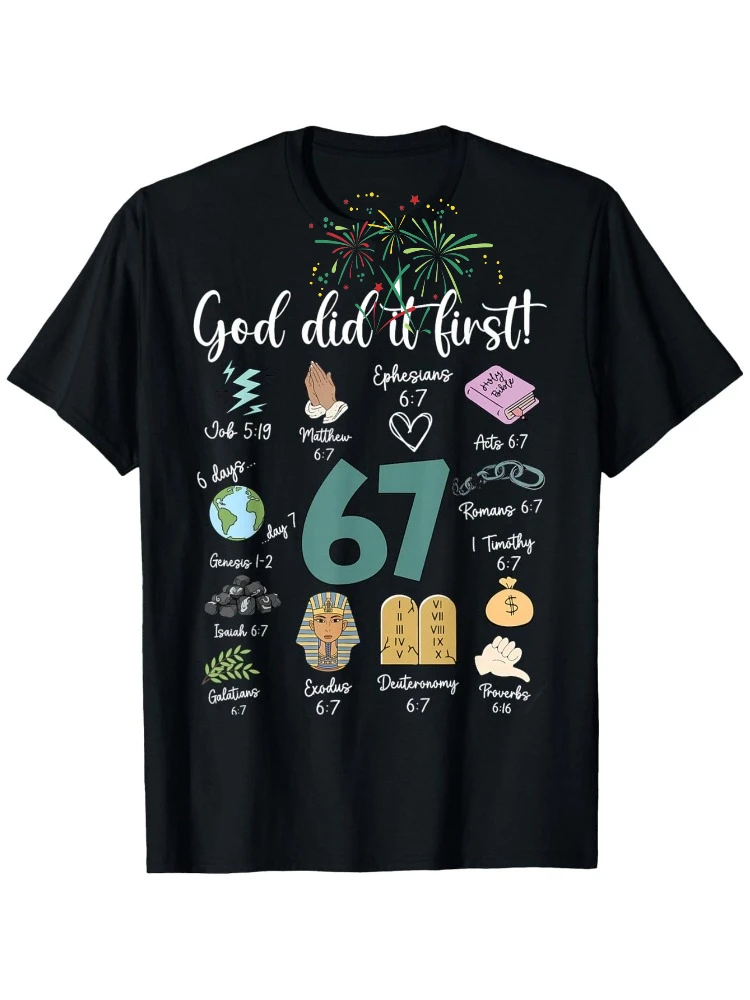 

Vintage God Did It First 67 Christian Bible-Funny Meme Number 67 Design-100% cotton O-neck short sleeve printed men's T-shirt.