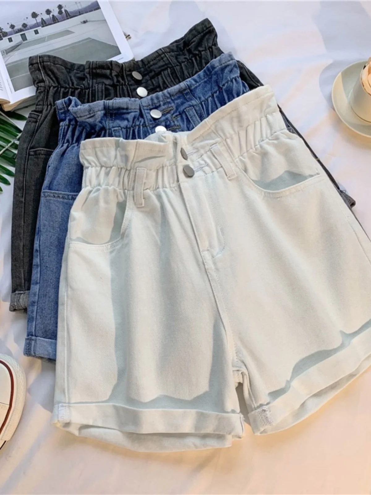 

Светлые тонкие широкие брюки, женские летние свободные брюки трапециевидной формы с высокой талией, студенческие утягивающие универсальные брюки...