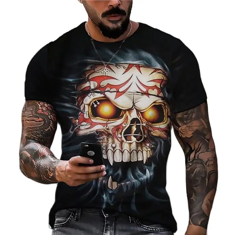 Camiseta con estampado 3D de calavera para hombre, camisa de manga corta de gran tamaño, estilo Punk, ropa de muerte, 2022