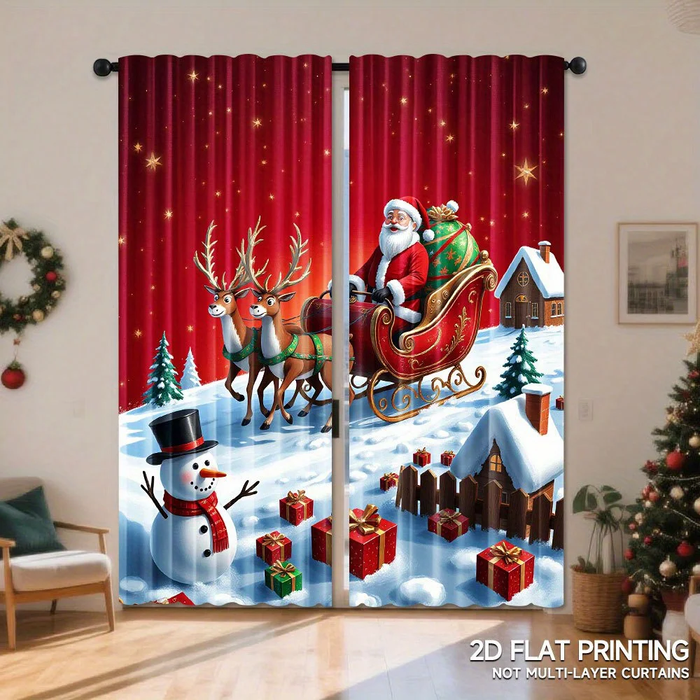 Christmas Santa Claus Curtains, Reindeer Sleigh Snowman Graphic Window Drapes, Xmas Holiday Home Decor, Blackout Fabric