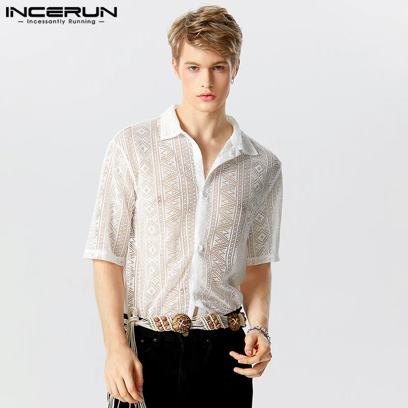 INCERUN Tops 2024 American Style Casual Mens Hollow Lace Printed Shirts Fashion Street Hot Sale Short Sleeved Lapel Blouse S-5XL