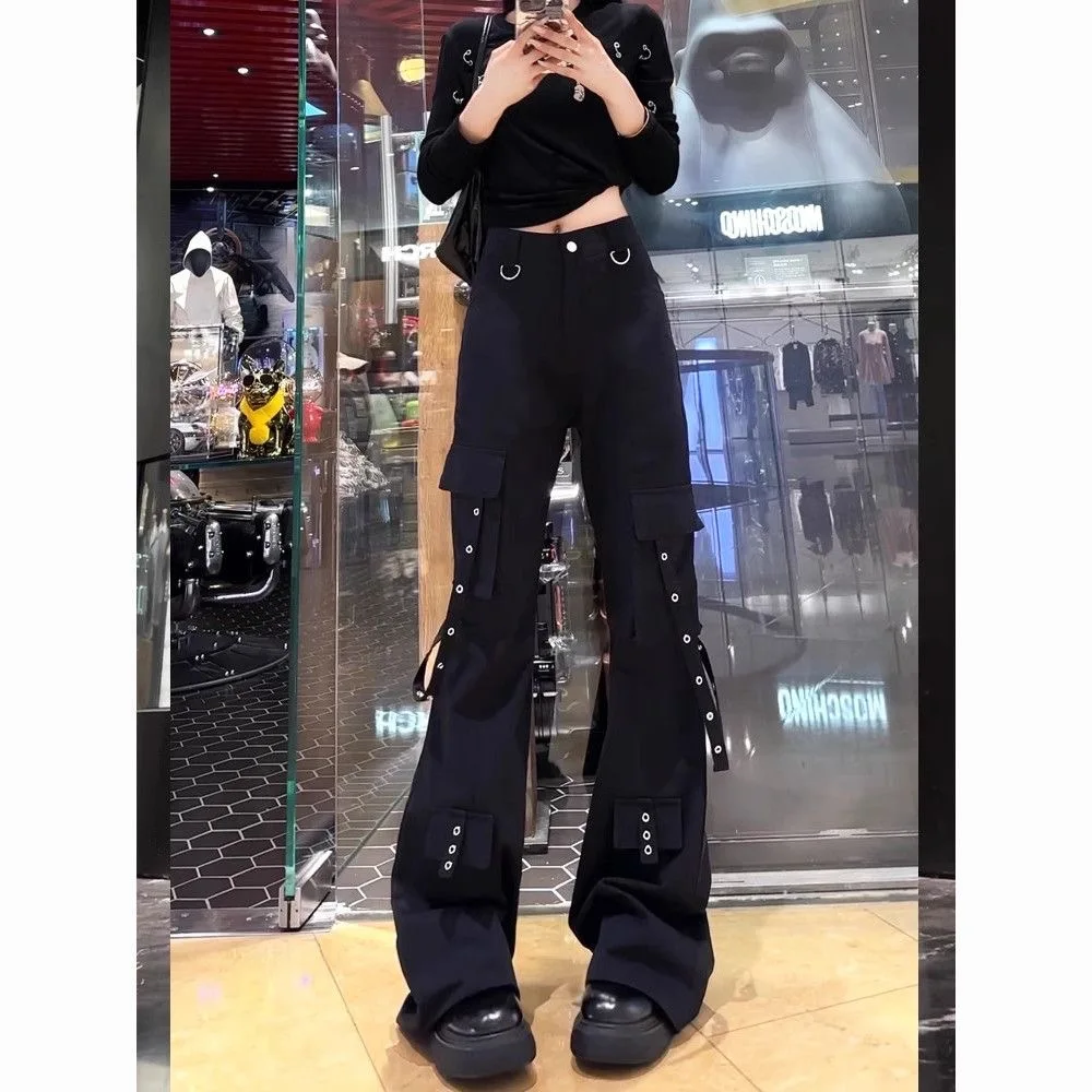 Black Bell Bottom Workwear Pants Women's Spring Summer Thin Design Loose Function Street Dance Straight Leg Casual Long Pants