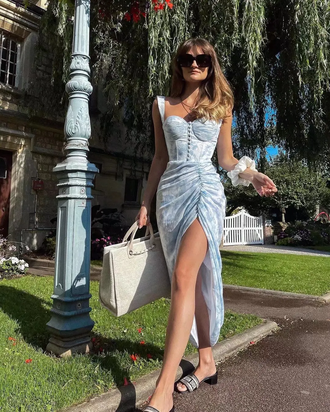 Vestido De noche con estampado Floral para mujer, traje Sexy De gasa con abertura lateral sin mangas y tirantes, falda De verano