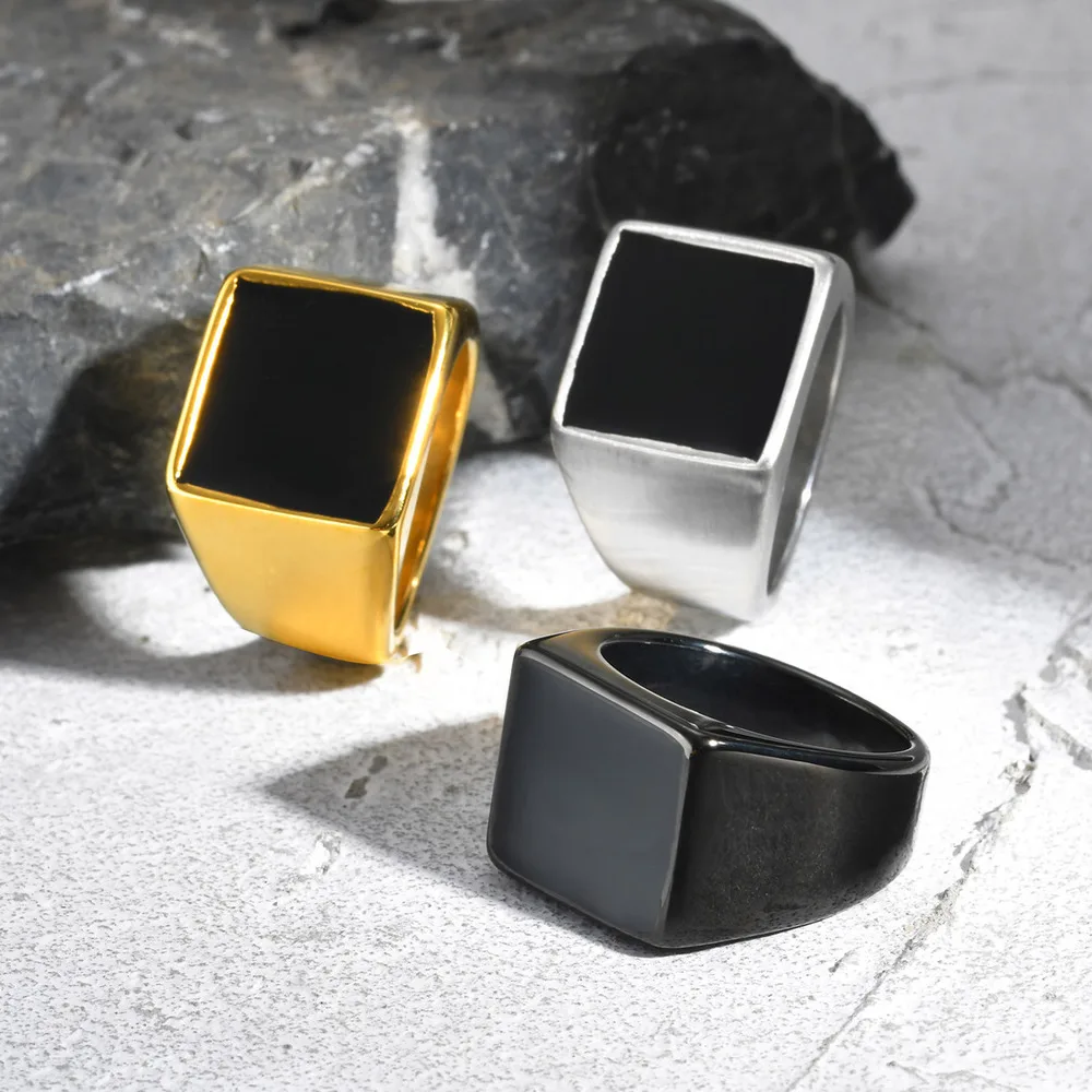 Vnox 14mm Square Top Signet Ring for Men Boys, Black Stainless Steel with Enamel Top Stamp Finger Band, Punk Simple Male Ring