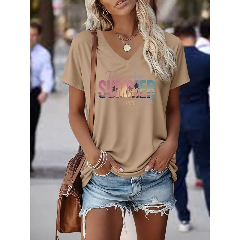 Women'S Heavyweight V-Neck Pure Short-Sleeved T-Shirt with ''Take Me Where SUMMER Never Ends'' Letters,Palm Tree Pattern Print
