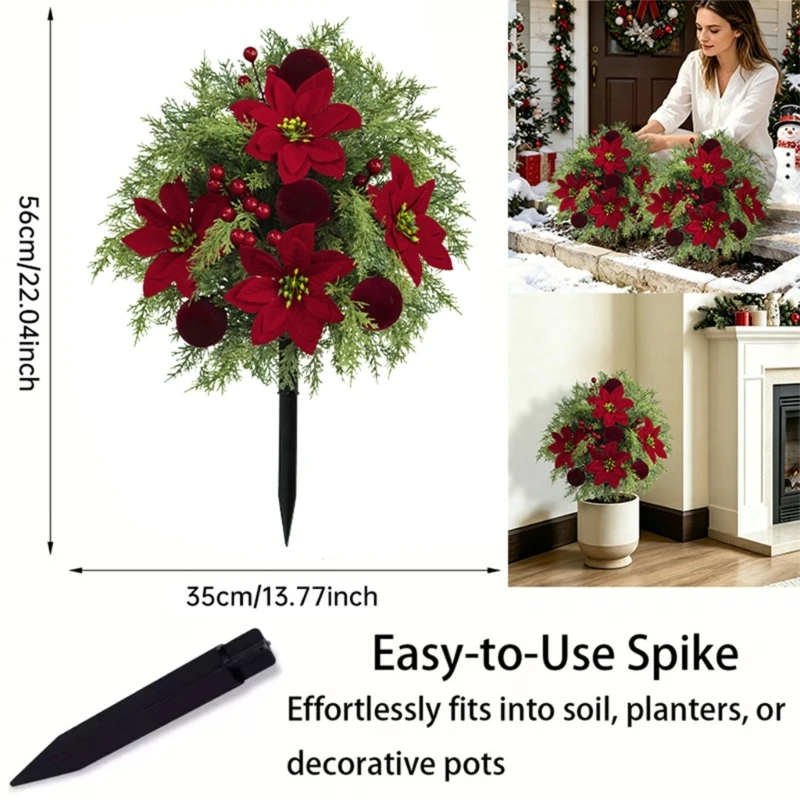 Holiday Entry Stake for Christmas Yard Placement with Red Plant Foliage