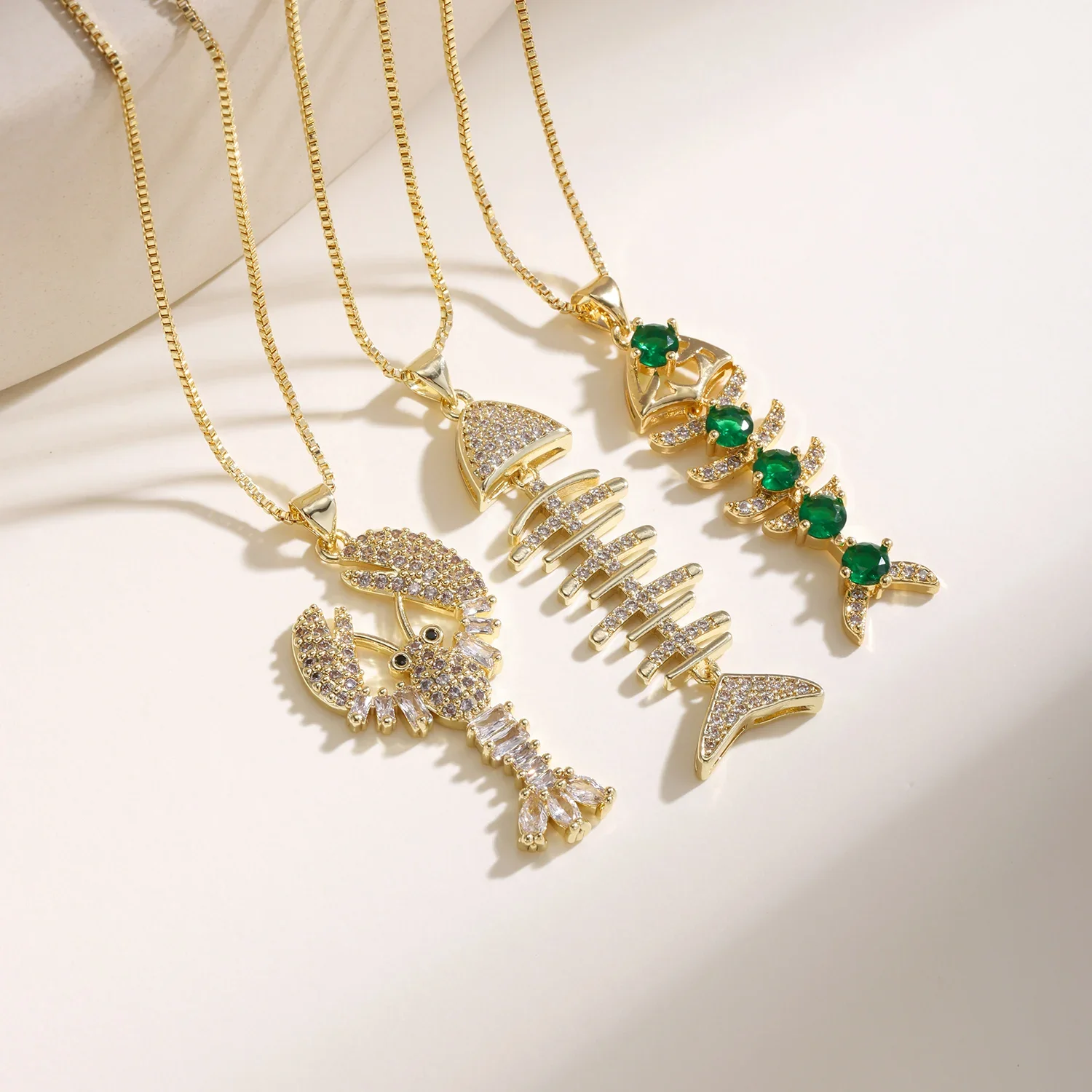 Nidin Bling Full Paved CZ Lobster & Fish Bone Pendant Shiny Crystal Shrimp Chain Necklace Women Cute Ocean Marine Animal Jewelry