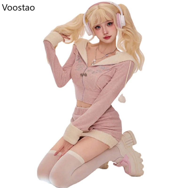 Autumn Pink Kawaii Lolita Two Piece Set Women Warm Hooded Coat Sweet Skirt Female Casual Korean Fashion Tracksuit Winter New