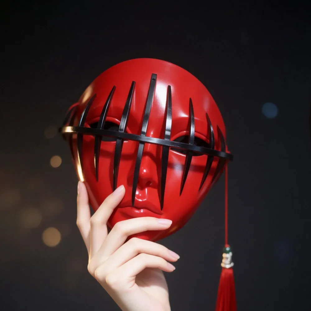 Horror Cosplay Full Face Mask Red ABS Plastic Black Metal Barrier With Red Tassel Halloween Masquerade Party Costume Prop