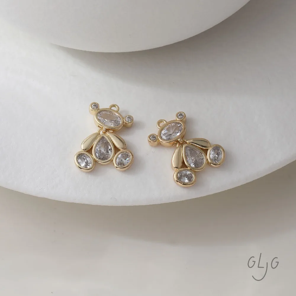 2PCS Cubic Zirconia Bear Charms for Jewelry Making Pendants Supplies Findings DIY Brass 14k Gold Plated Accessories 18*14mm view 5