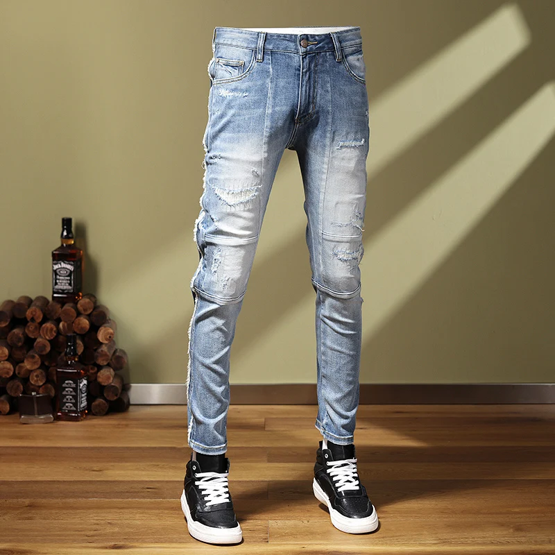 Street Trend Fashion Men Jeans Retro Light Blue Elastic Stretch Skinny Patchwork Ripped Jeans Men Spliced Designer Hip Hop Pants