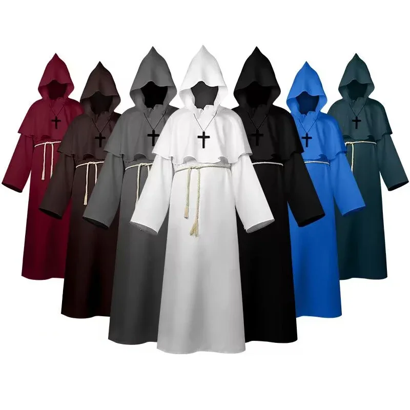 Wizard Cosplay Costume Medieval Scary Hooded Robe Monk Friar Robe Priest  Ancient Clothing Christian Suit Halloween Carnival