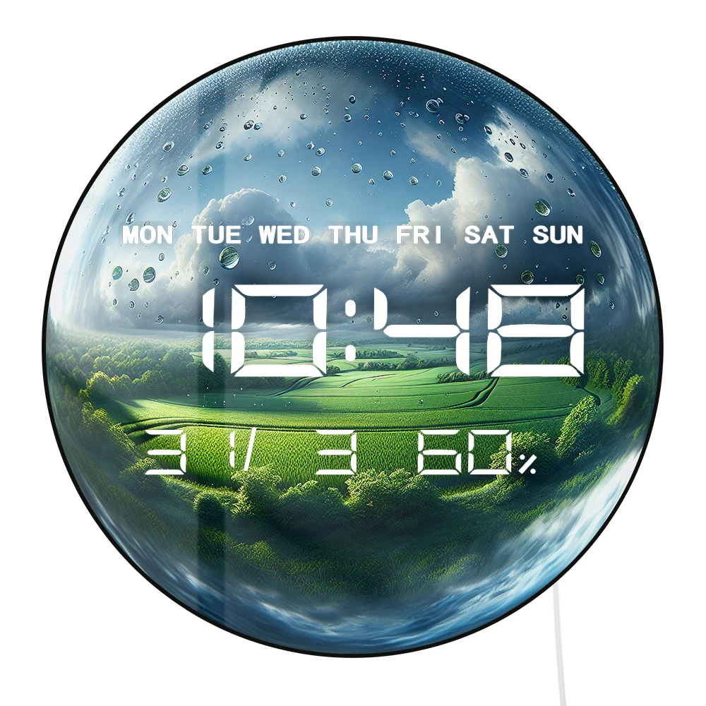 Spherical Raindrop Green Farmland LED Digital Wall Clock with Large Display Calendar Temperature Auto Dimming 12/24hour Format