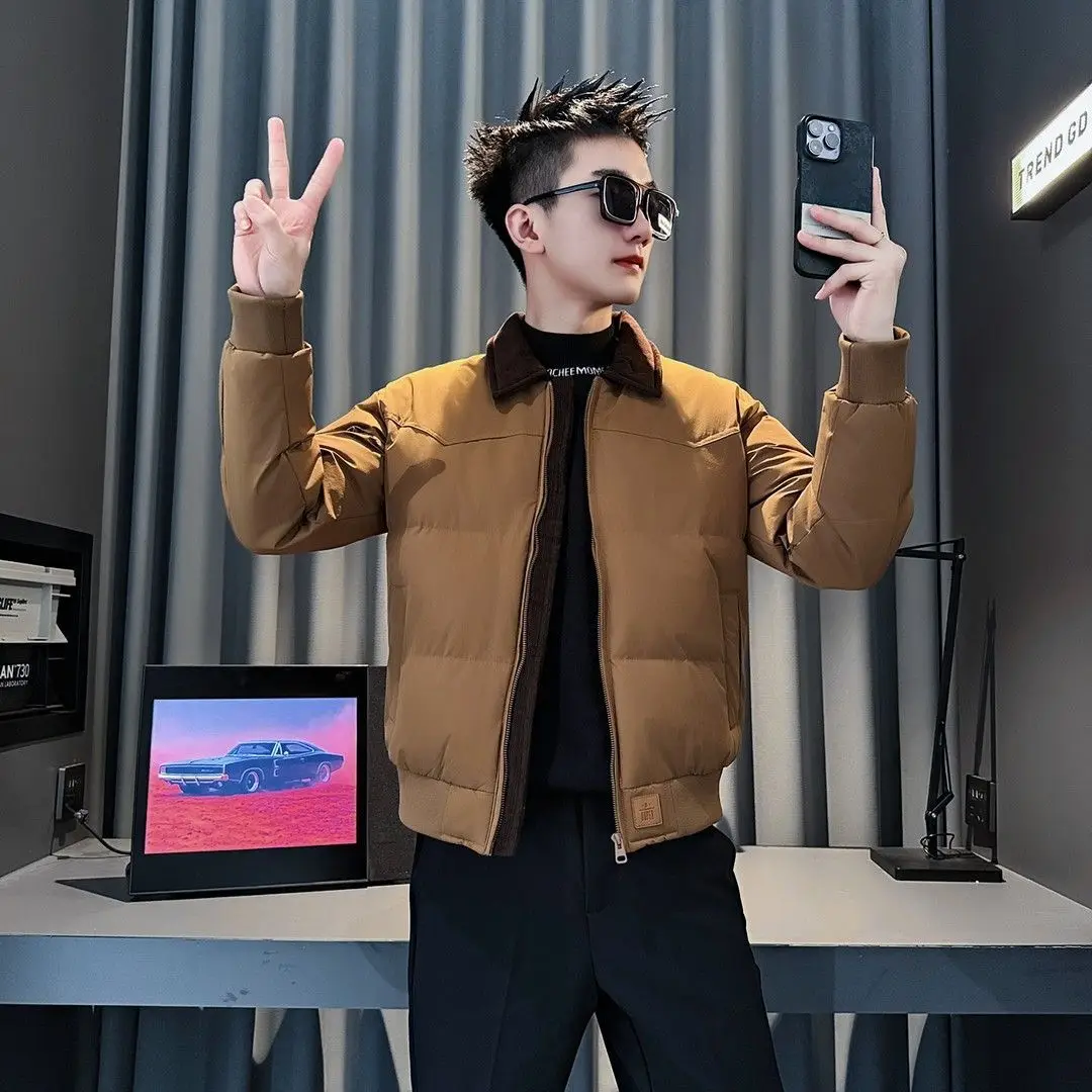 

Модная хлопковая куртка для мужчин, зимняя модная воротник на молнии, теплая, повседневная, свободная посадка, High Street Sle, контрастного цвета, молодежная (3)