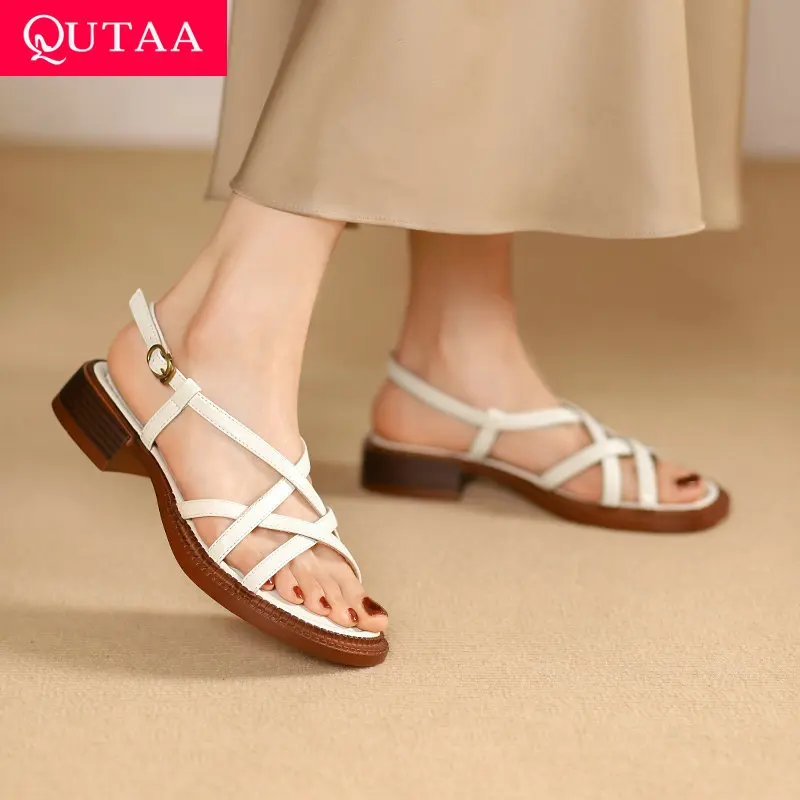 

QUTAA 2024 Women Genuine Leather Sandals Thick Low Heels Summer Buckle Round Toe Casual Shoes Woman Sandals Size 34-41