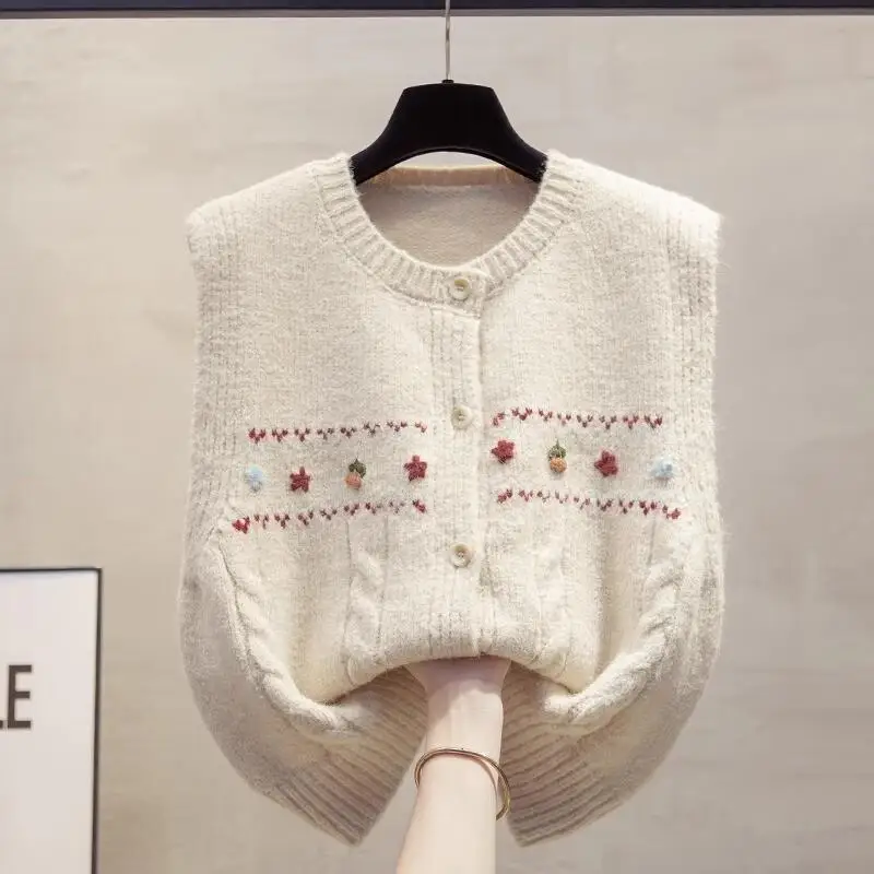 

Handmade floral cardigan round neck knitted vest for women 2025 spring and autumn new style loose vest outer sweater vest