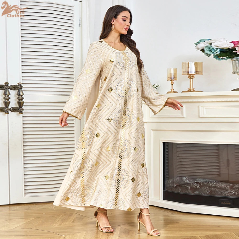 2025年新作ムスリムアバヤドレス 女性用 エレガントな刺繍とスパンコールの控えめなイブニングガウン ロングローブ パーティーウェア イスラムドレス