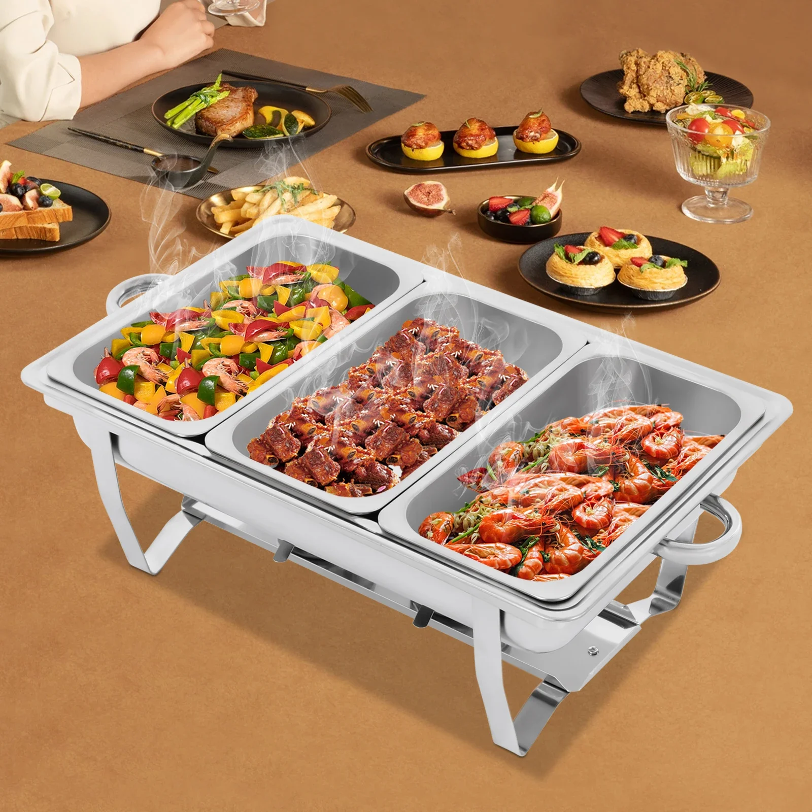 Stainless Steel Warming Container, 9 L Stainless Steel 3 Grid Chafing Dish Food Warmer Warming Container for Restaurants Silver
