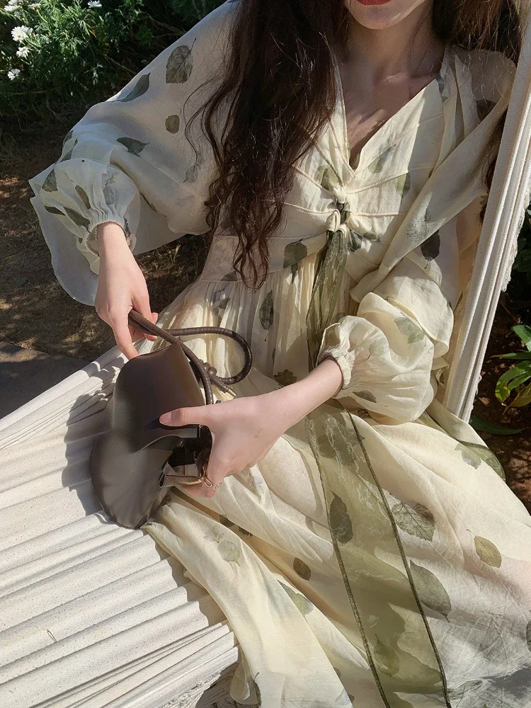 Abito da fata floreale vintage francese Abito da donna casual elegante stile spiaggia Abito da festa in chiffon Abito intero da donna coreano Estate 2023