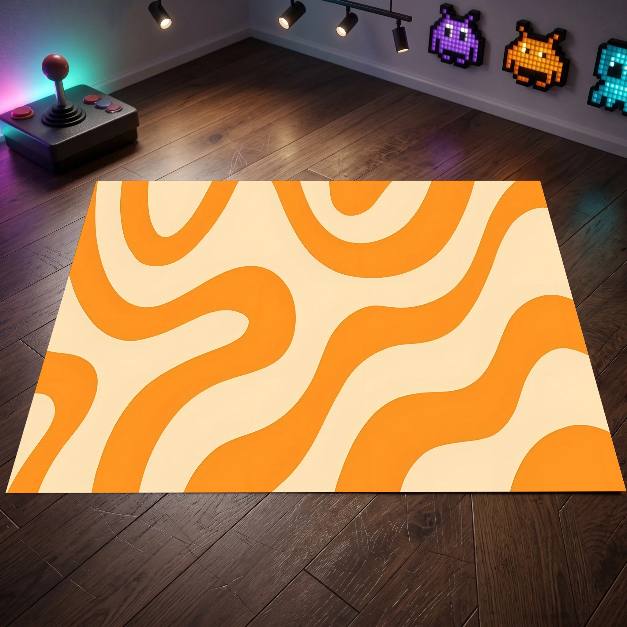 Large Area Rug in Warm Orange with Creamy Wave Pattern, Minimalist Stylish Style, for Living Room Bedroom