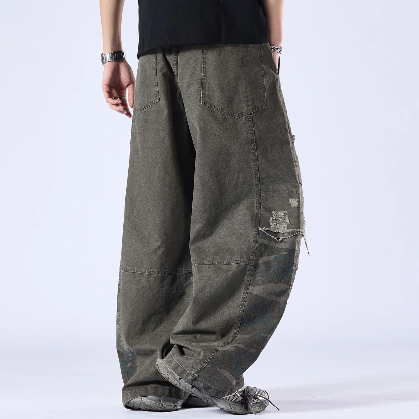 Men Japanese Streetwear Fashion Loose Casual Pure Cotton Camouflage Ripped Cargo Pants Trousers Cityboy Wide Leg Baggy Trousers