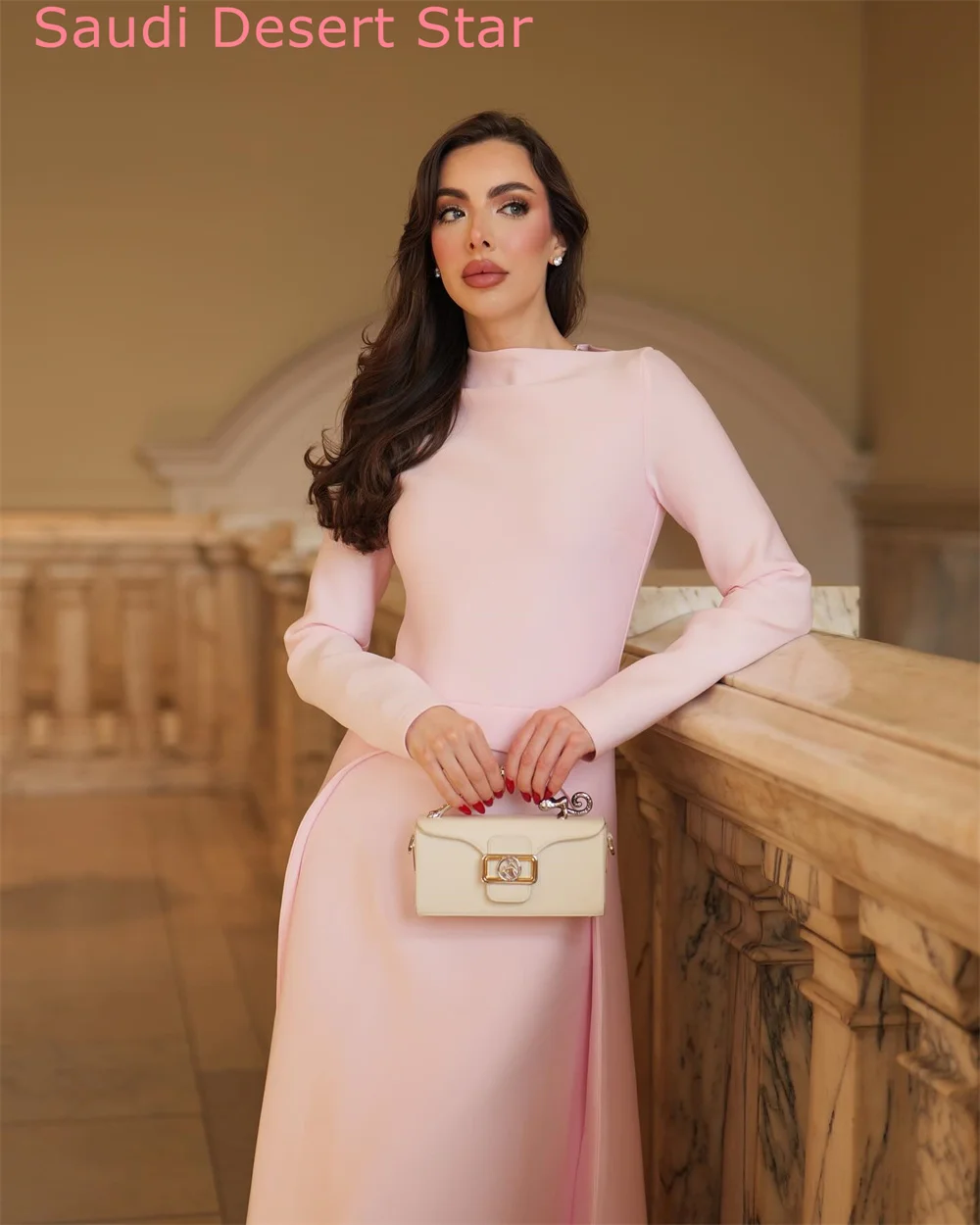 Personalizado moderno rosa cetim vestido de noite elegante tripulação pescoço mangas compridas vestido de festa formal tornozelo comprimento vestidos de celebridades