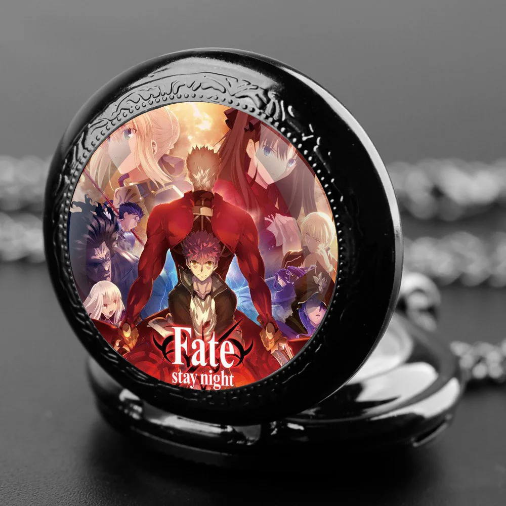 Fate/Stay Night Themed Glass Dome Quartz Pocket Watch Classic Arabic Numeral Dial with Durable Chain for Men Creative Gifts