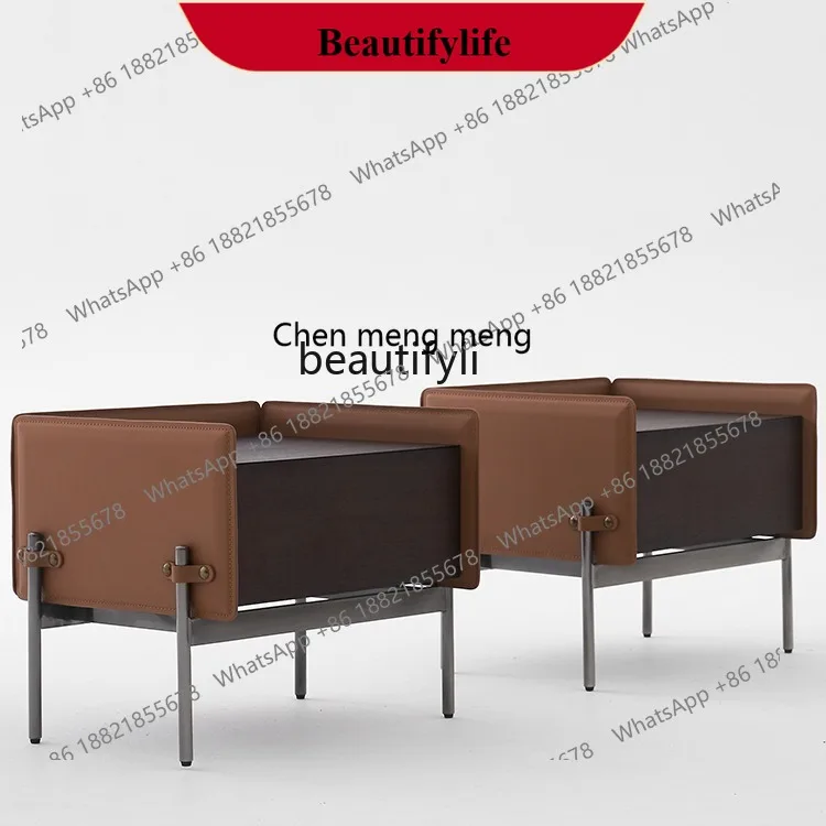

D178 Italian Minimalist High-End Solid Wood Bedside Table Saddle Leather Bedside Cabinet Bedroom