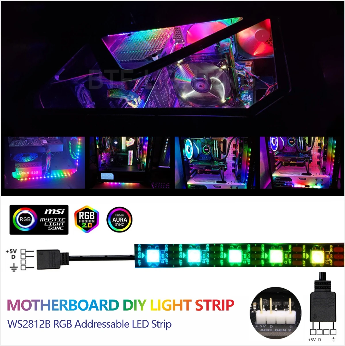 PC ARGB LED Strip Light 5V 3pin WS2812B Addressable RGBIC Strip for Case Aura Sync Mystic Light Sync Setup 5V 3pin ARGB LED Stri