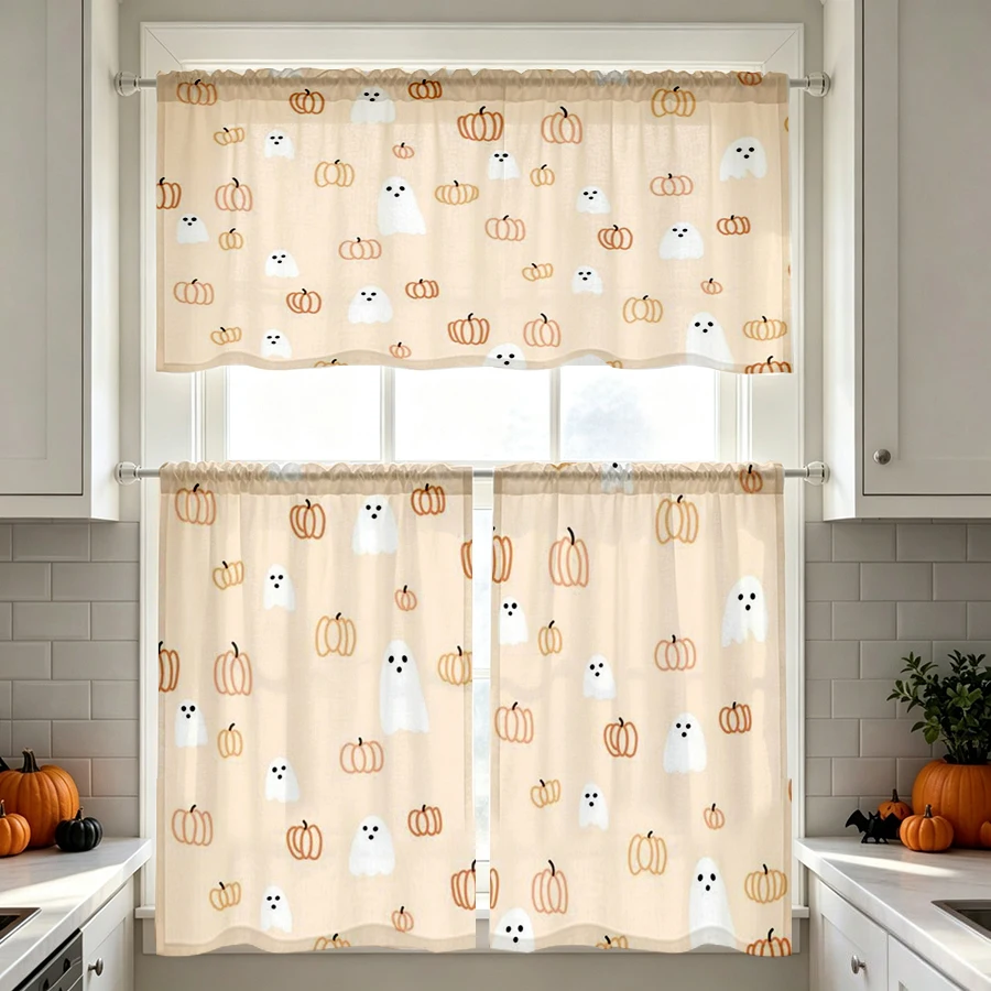 Halloween Fall Kitchen Curtains, Minimal Pumpkin Ghost, Digital Print, Kitchen Dining Room, Rod Pocket Polyester, Home Decor
