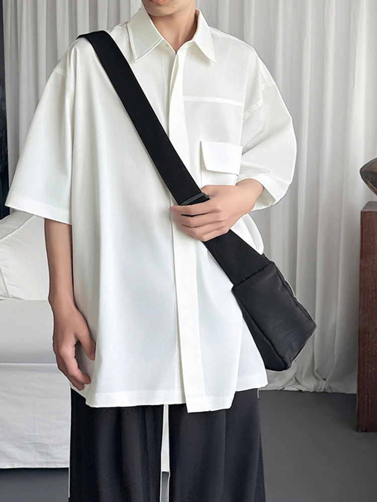 

Мужская летняя повседневная свободная рубашка с коротким рукавом в американском уличном стиле, с отложным воротником, простой дизайн, большие карманы
