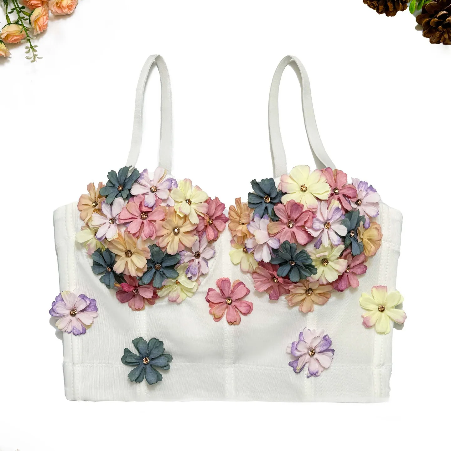 customized women's handmade three-dimensional flower with high-end cute sweet style paired with fishbone bra vest and suspender