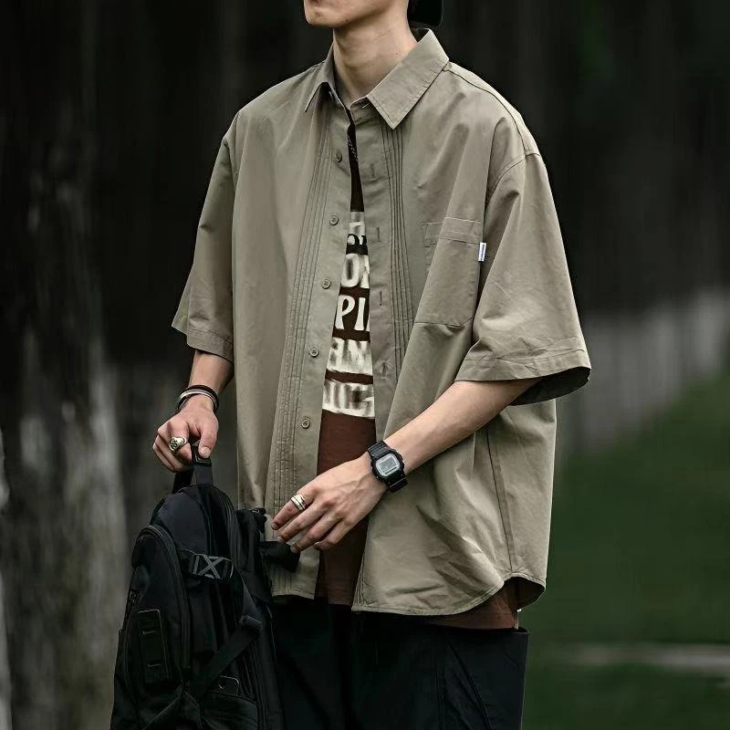 2025 Casual Shirts Men Streetwear Harajuku Short Sleeve Shirt Man Vintage Japan Style Pleated Design Cargo Blouse Male