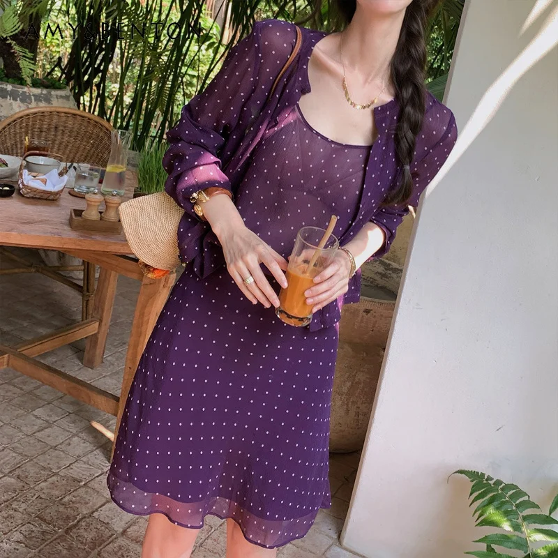 

Purple Polka Dot Women's Short Skirt Set 2026 Summer New Sunscreen Top Fashion Vest Temperament Skirt Design Three-piece Sets