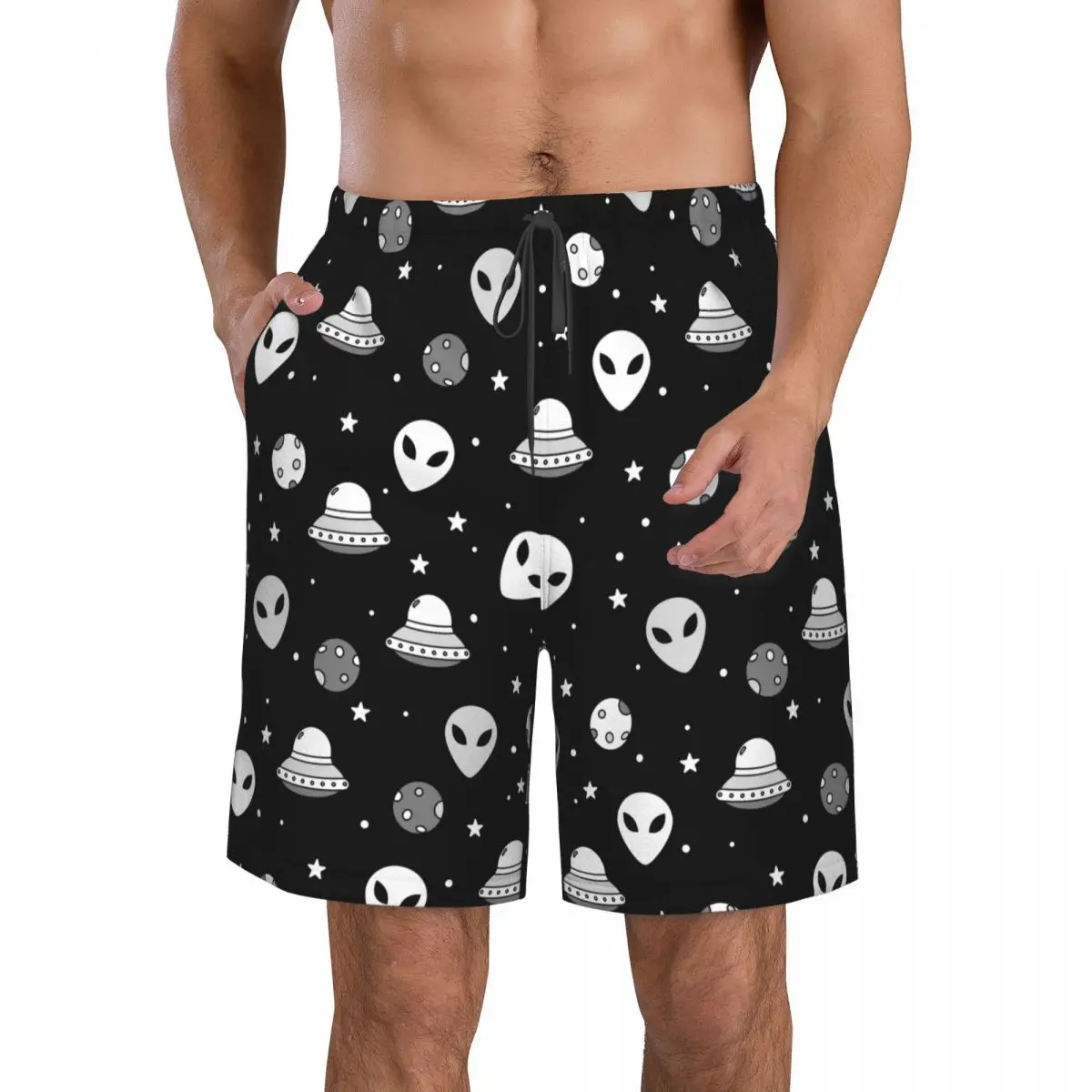 Mens Swimming Shorts Swimwear Space Themed Alien Face And Ships Men Trunks Swimsuit Beach Wear Boardshorts