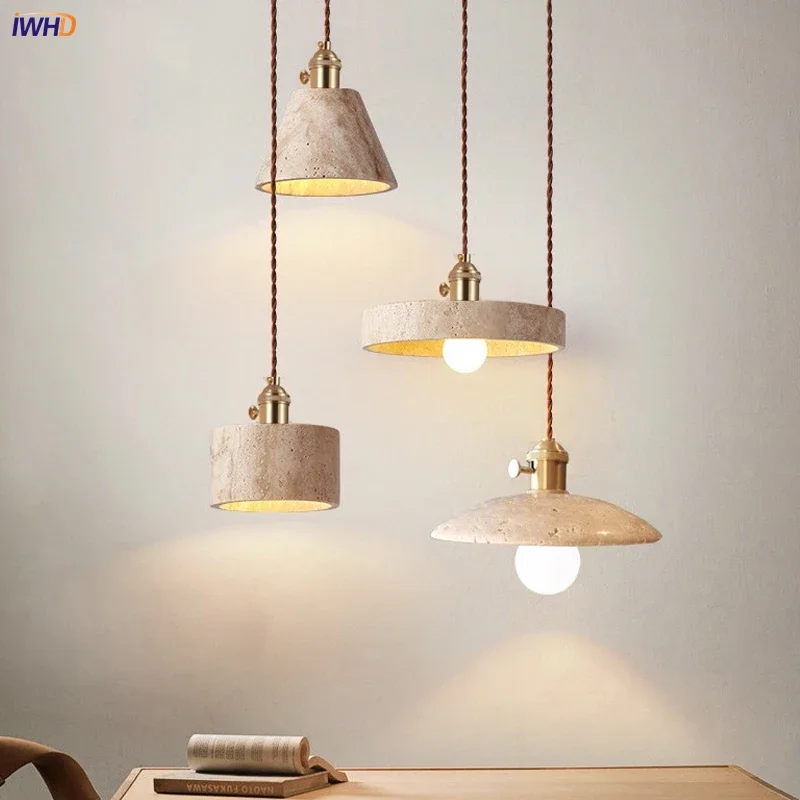 IWHD Natural Yellow Travertine Pendant Lamp E27 Socket LED Pendant Light Fixtures With Switch Home Decor Bedside Cafe Lamparas