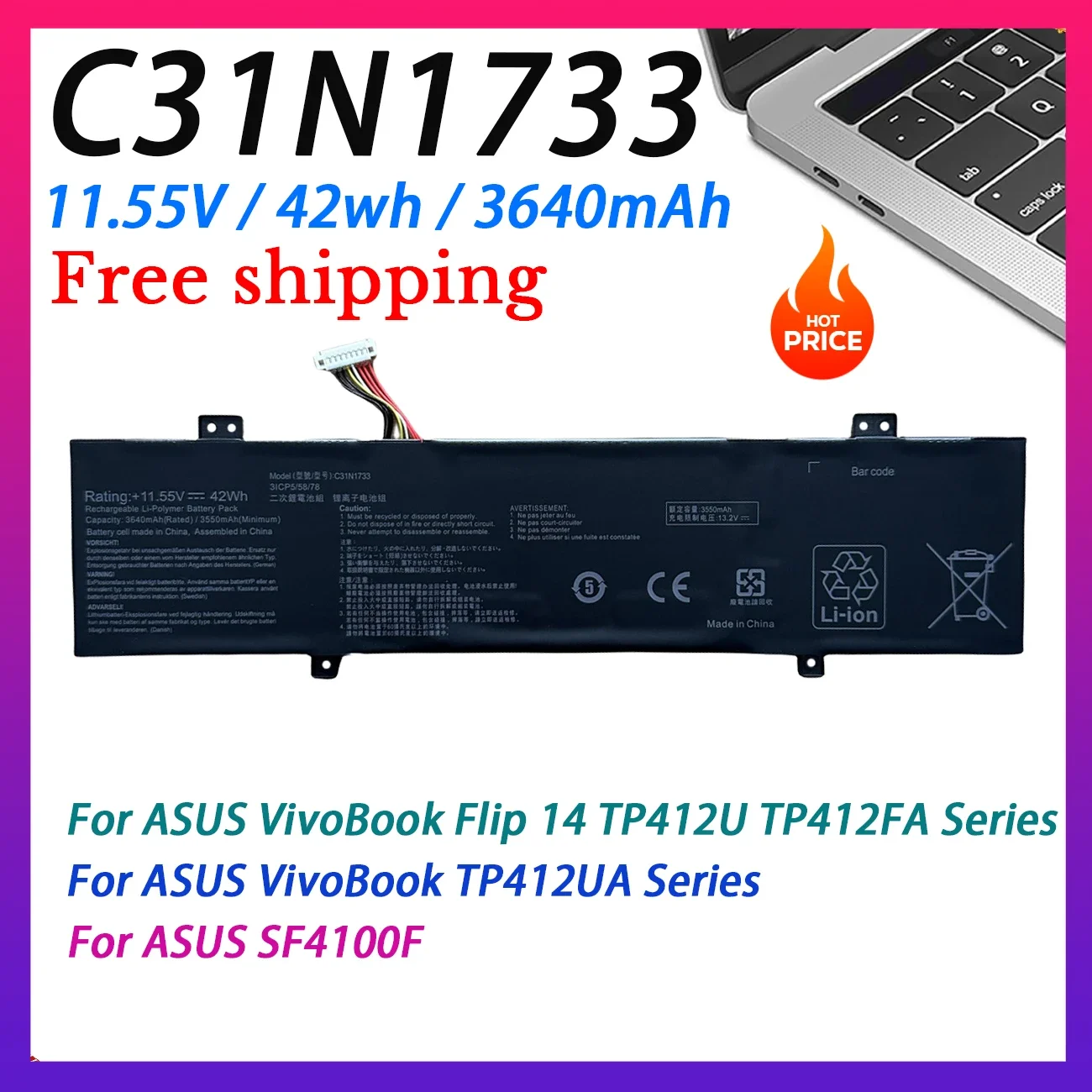 

C31N1733 Laptop Battery for ASUS VivoBook Flip 14 TP412UA TP412U TP412FA SF4100F VivoBook Flip 14 TP412UA-DB31T Batterie Asus